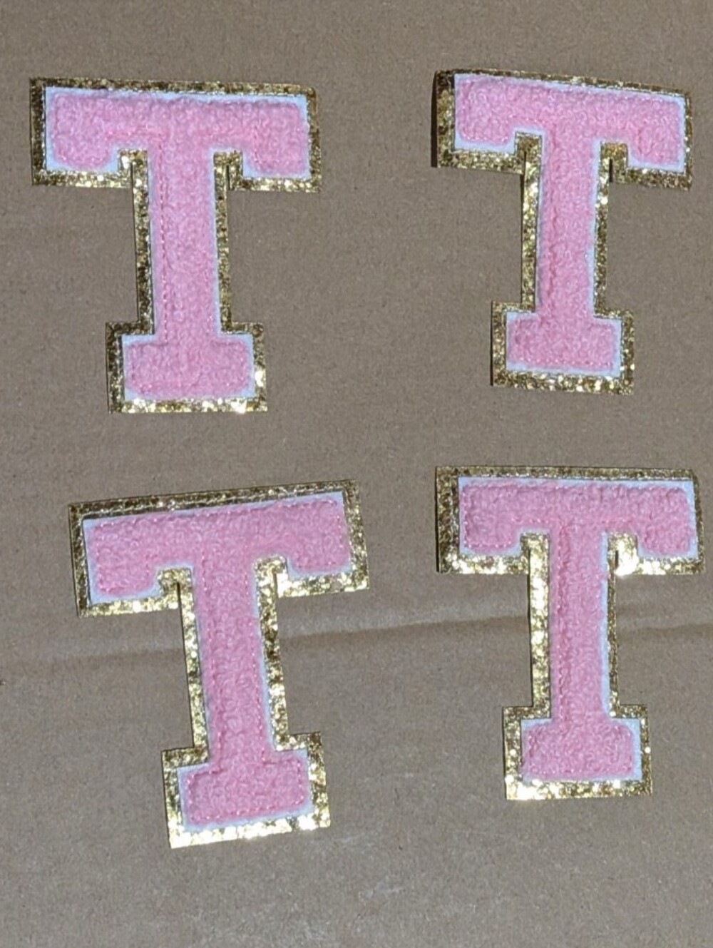 New 4 Pcs Pink And Gold Chenille Letter T Iron On Patches